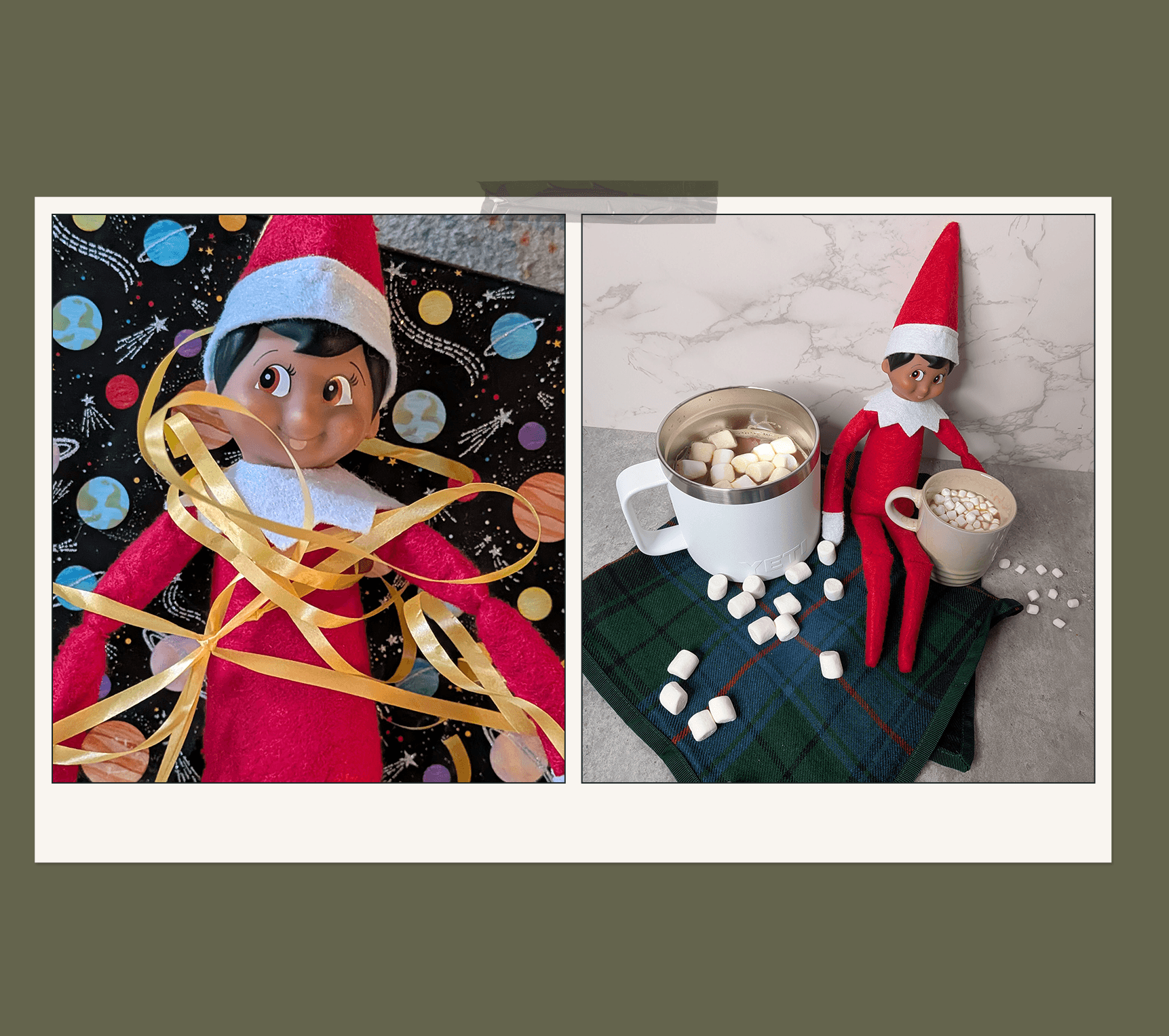 elf on the shelf wrapped up and serving mini hot cocoa