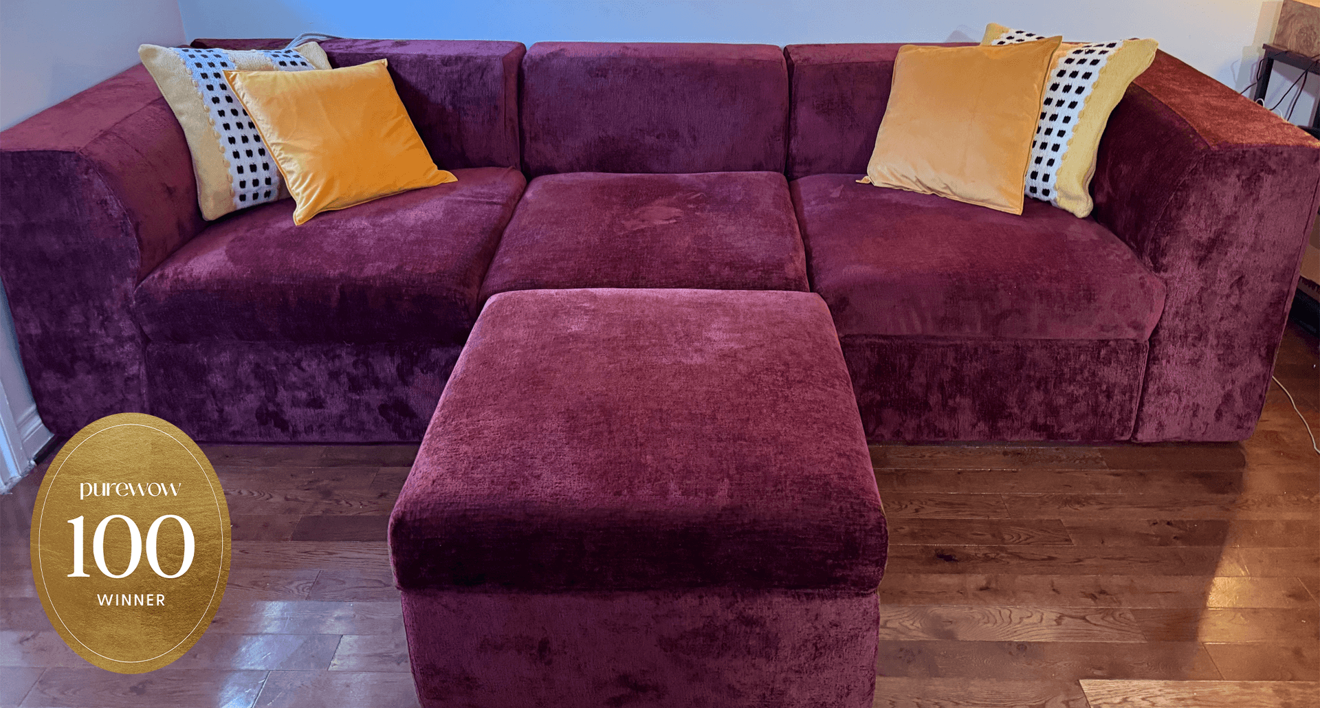 Cozey Atmosphere Sofa Review: Original photo of burgundy Cozey sofa by Stephanie Maida