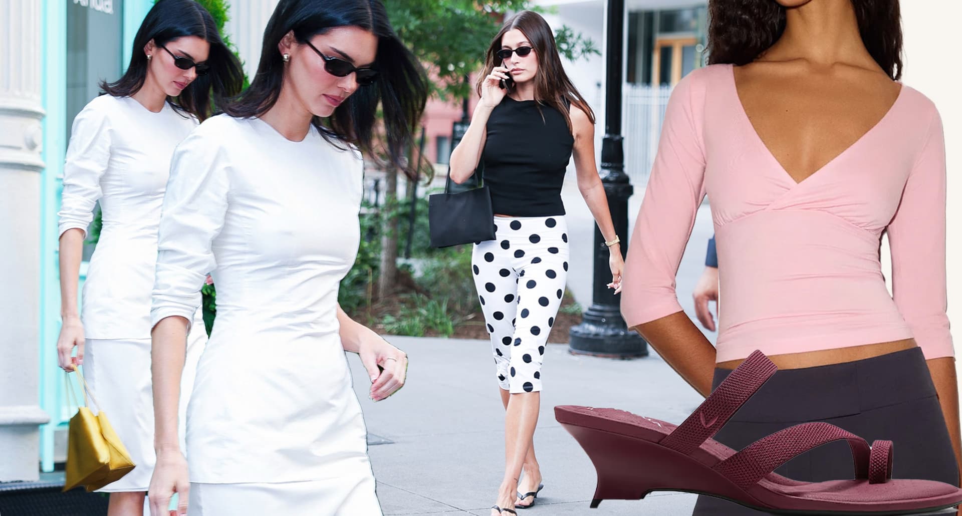 Goldilocksing Trend: Kendall Jenner, Hailey Bieber, three-quarter pink top and kitten heel sandals