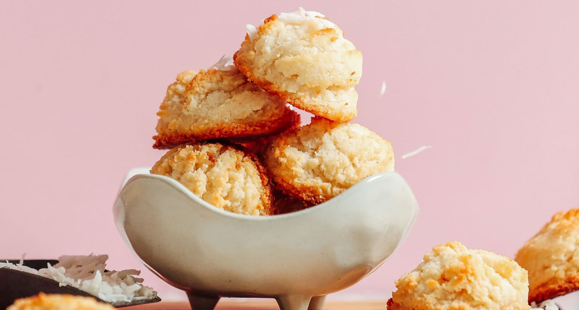 diabetes-friendly desserts: stack of coconut snowball cookies in a bowl