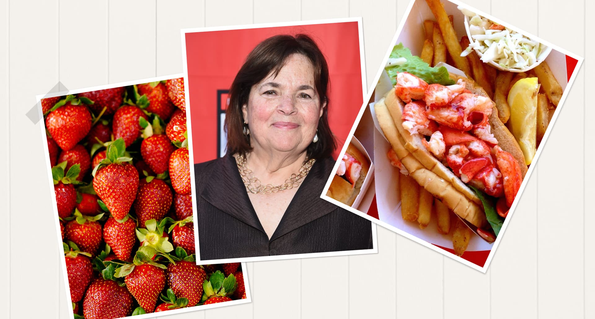best ina garten summer recipes: strawberries, ina garten and a lobster roll with fries and coleslaw, side by side