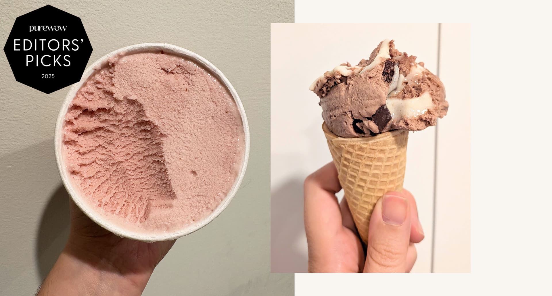 best high-protein ice cream: protein pint strawberry ice cream and two spoons rocky road ice cream cone, side by side