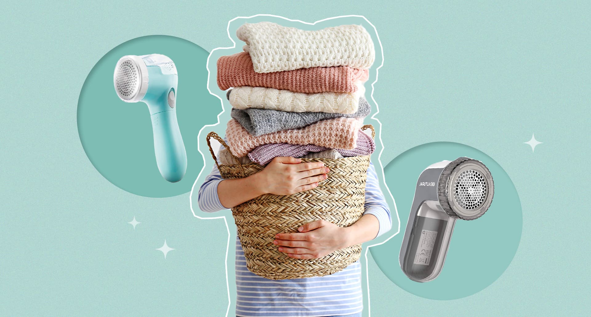 Best Fabric Shavers: A picture of a model holding towels and fabric shavers