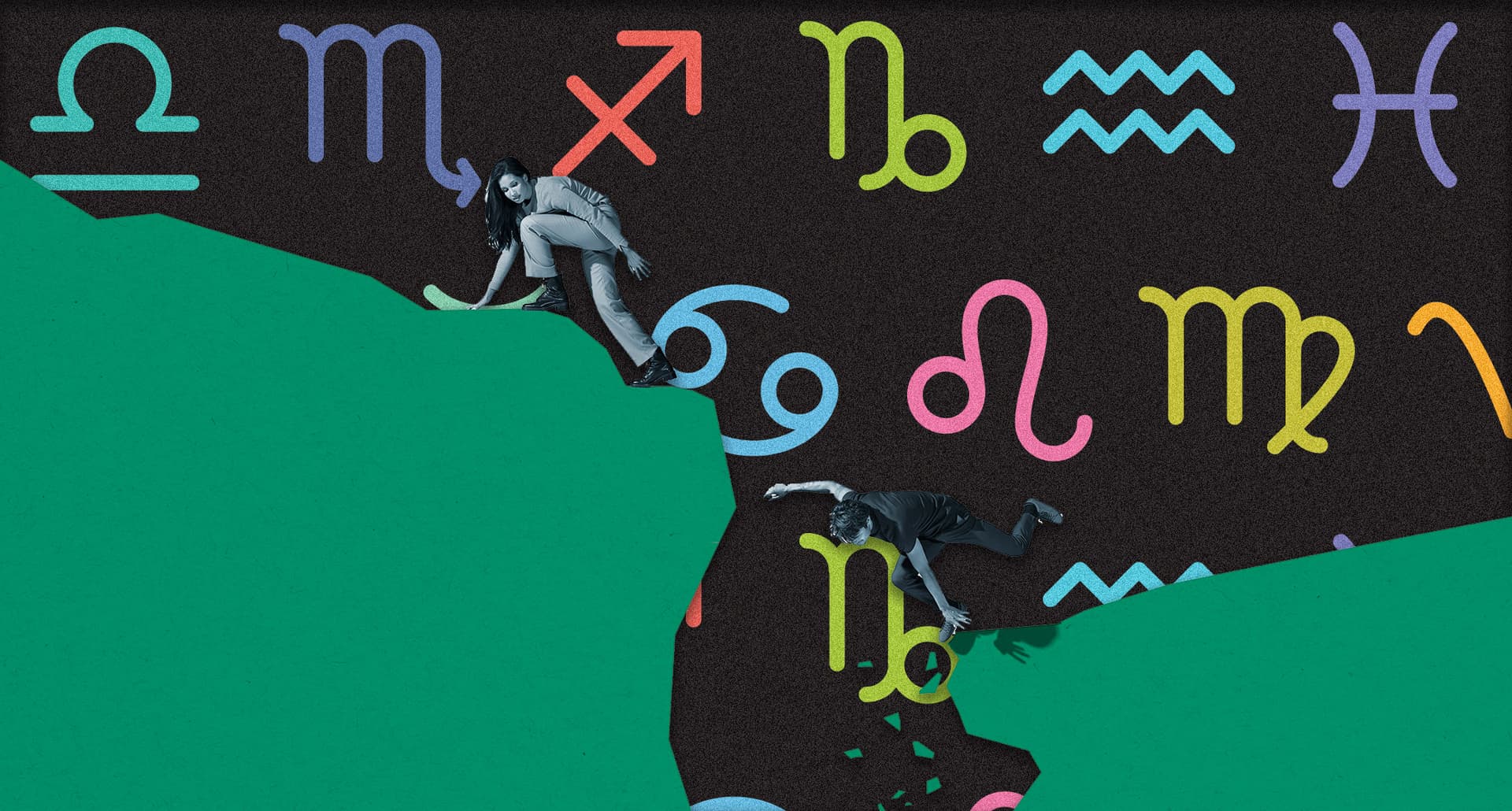 An incompatible couple metaphorically breaking up with a zodiac background.