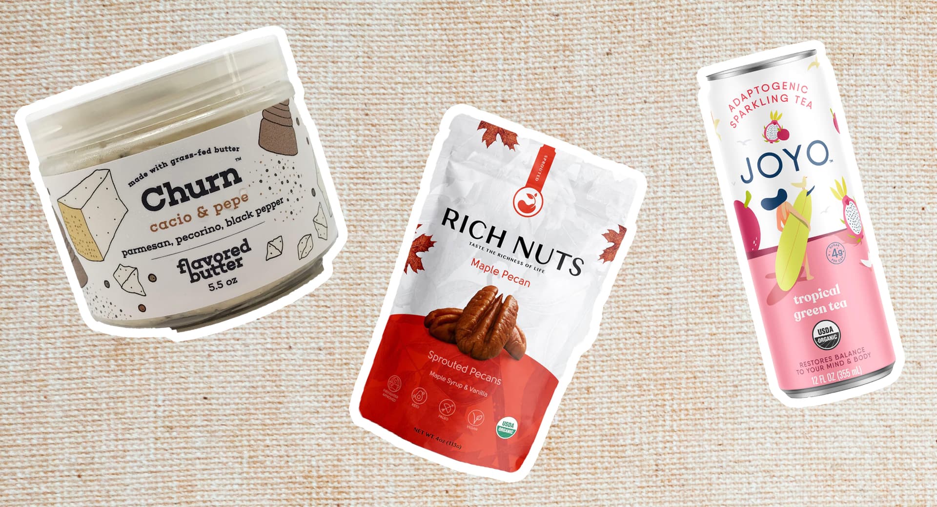 Things to Buy at Erewhon's - A collage of items from the Erewhon item round up. It features Churn butter, JOYO sparkling tea, and maple pecans. All of the items are in front of a white gauzy background.