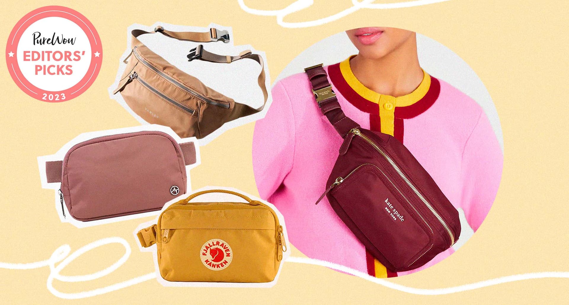 Best belt bag: A woman wears a belt bag over her shoulder next to a collage of belt bags