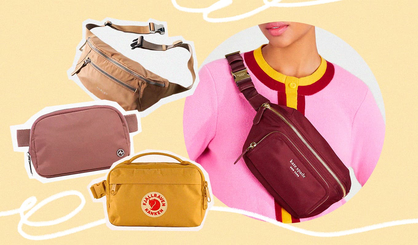 Best belt bag: A woman wears a belt bag over her shoulder next to a collage of belt bags