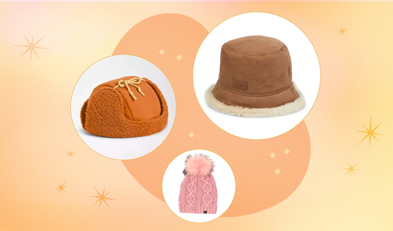 Cute winter hats: A collage of three winter hats on an orange background