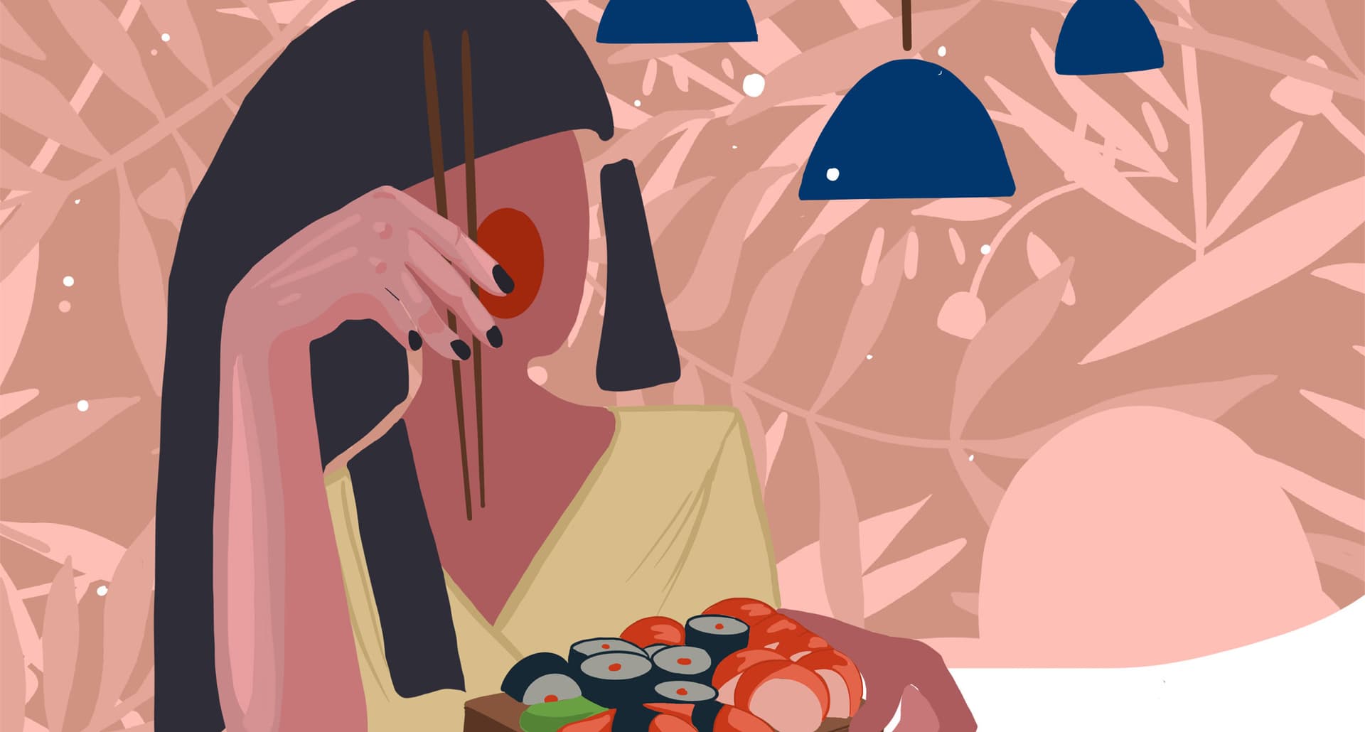 Why I Stopped Eating Dinner With My Husband - A muted abstract illustration of a woman eating sushi alone at a table. Above her are lights.