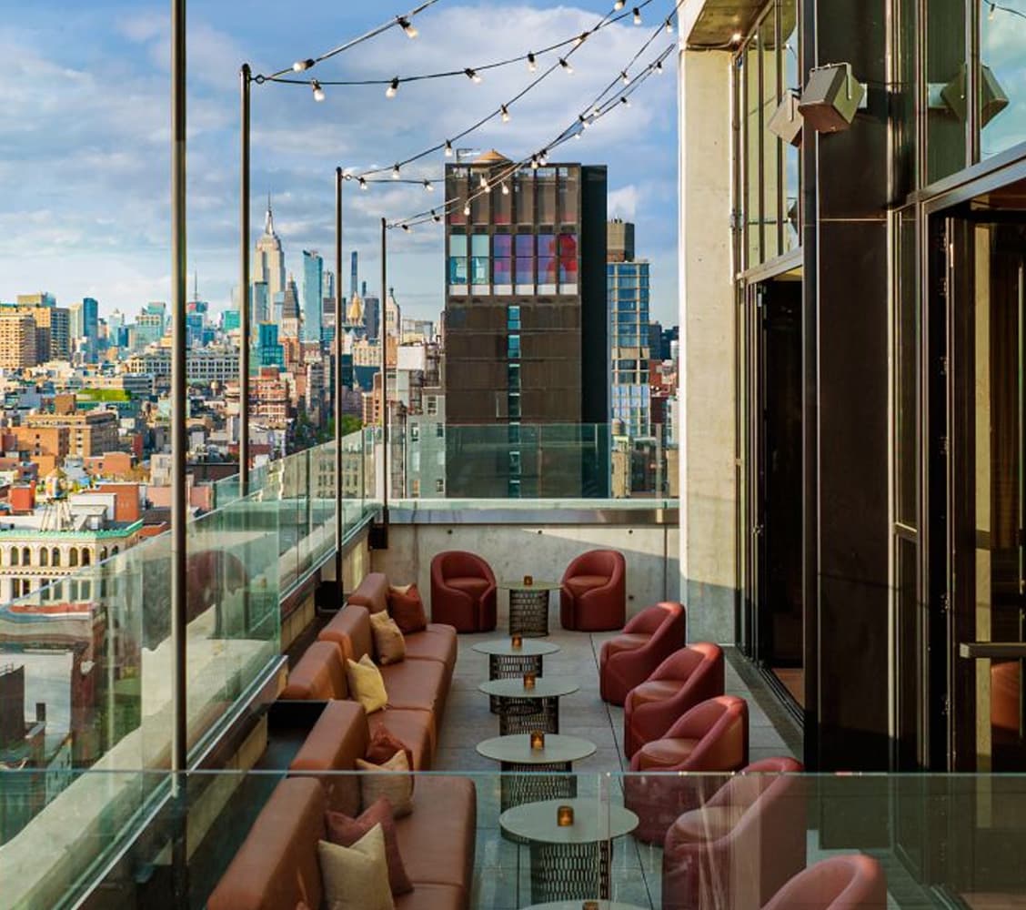 Exterior shot of the Moxy Lower East Side rooftop bar, one of the best roof top bars in New York City.