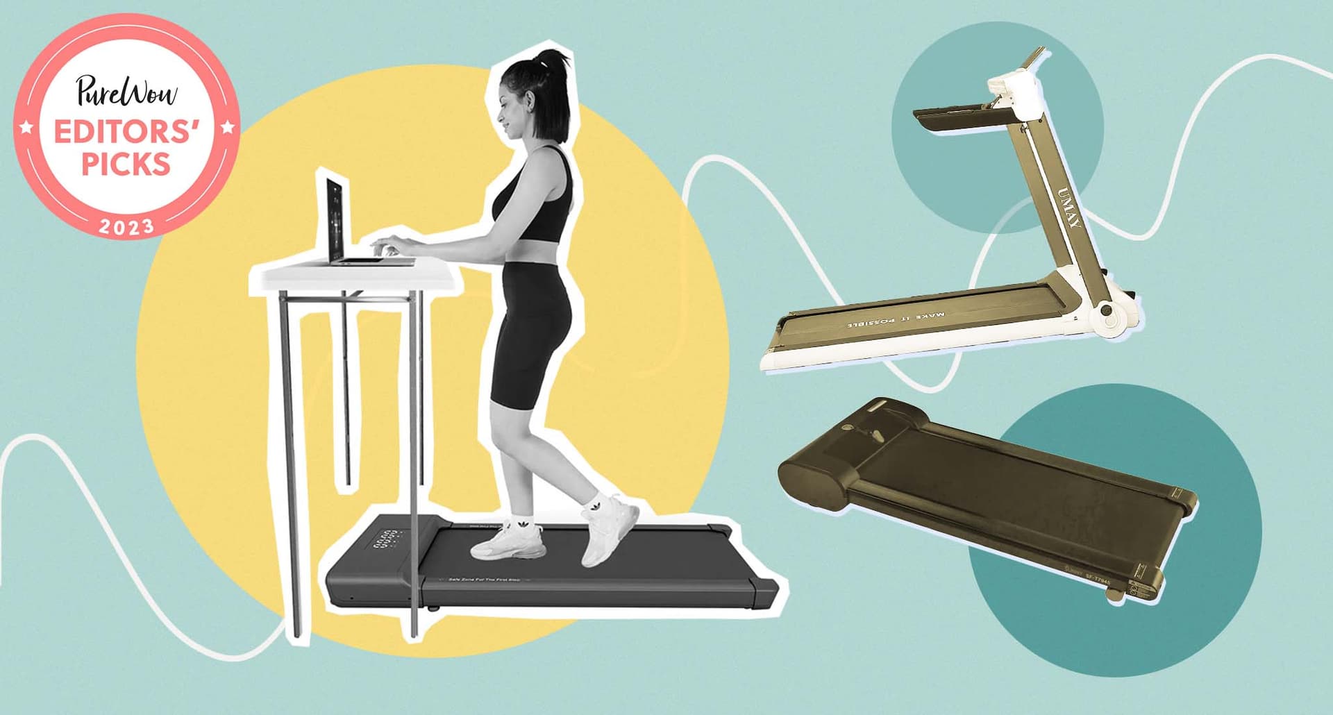 Best under-desk treadmill: A collage with a woman on a treadmill