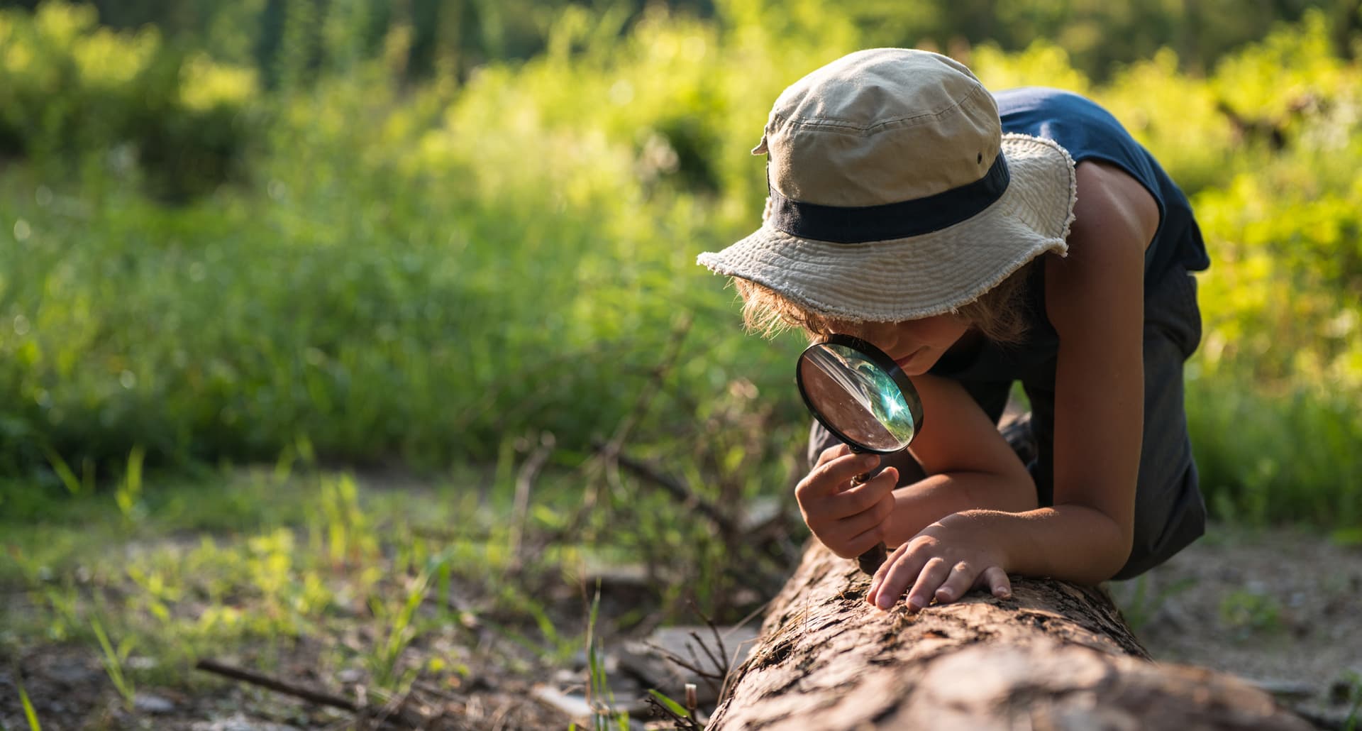 Boy with a magnifying glass in a forest.