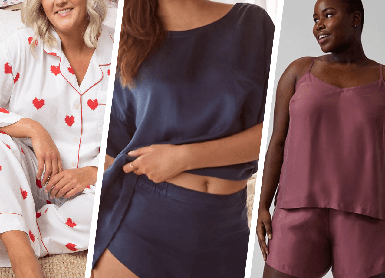 printfresh heart-print pajamas, silk pajamas in navy and purple pajamas, our best plus-size pajama set picks