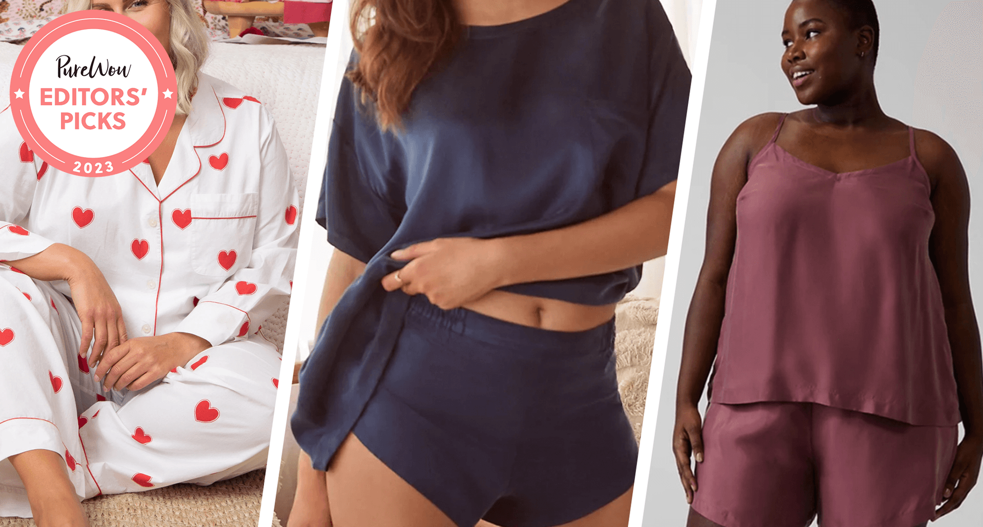 printfresh heart-print pajamas, silk pajamas in navy and purple pajamas, our best plus-size pajama set picks