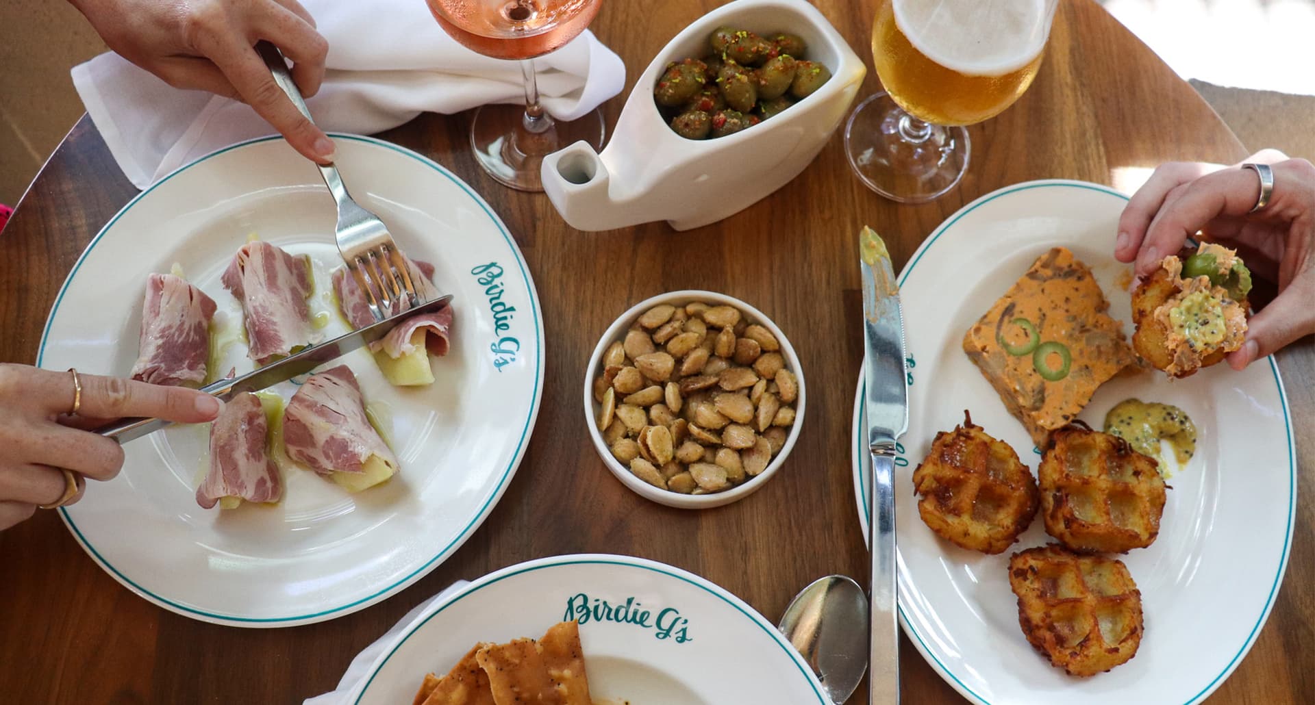 a table full of food and beverages