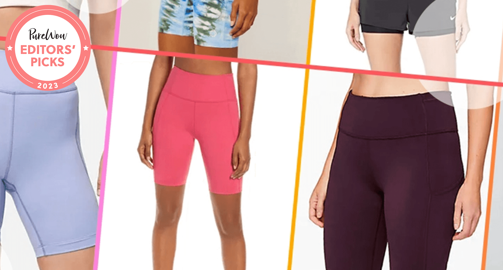 no-chafe workout shorts in periwinkle, pink and black