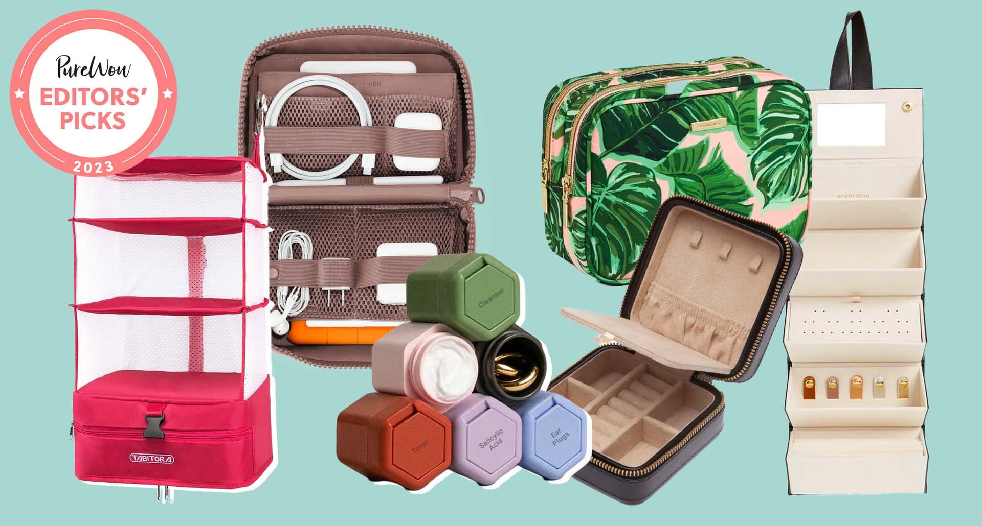 Best travel organizers: A collage of travel organzers on a bright green background