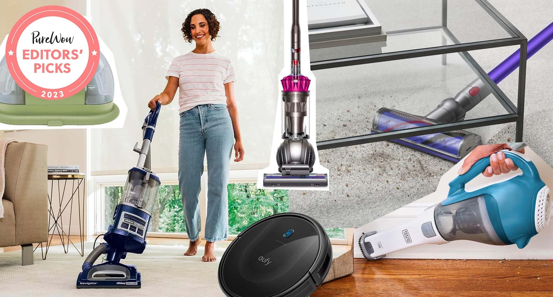 Best Amazon vacuum cleaners: A collage of a woman surrounded by vacuum cleaners