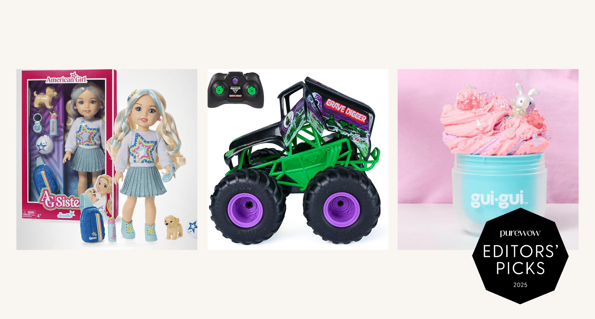 gui gui slime, rc car, american girl sisters doll