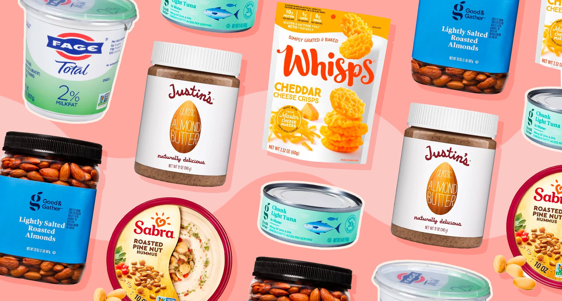 healthy protein snacks: collage of high-protein snacks
