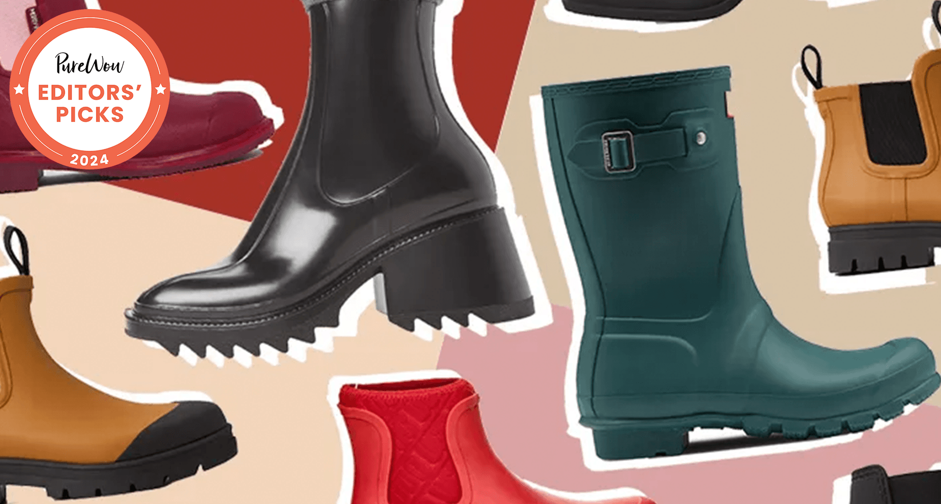 rain boots for women in green, black, red and tan