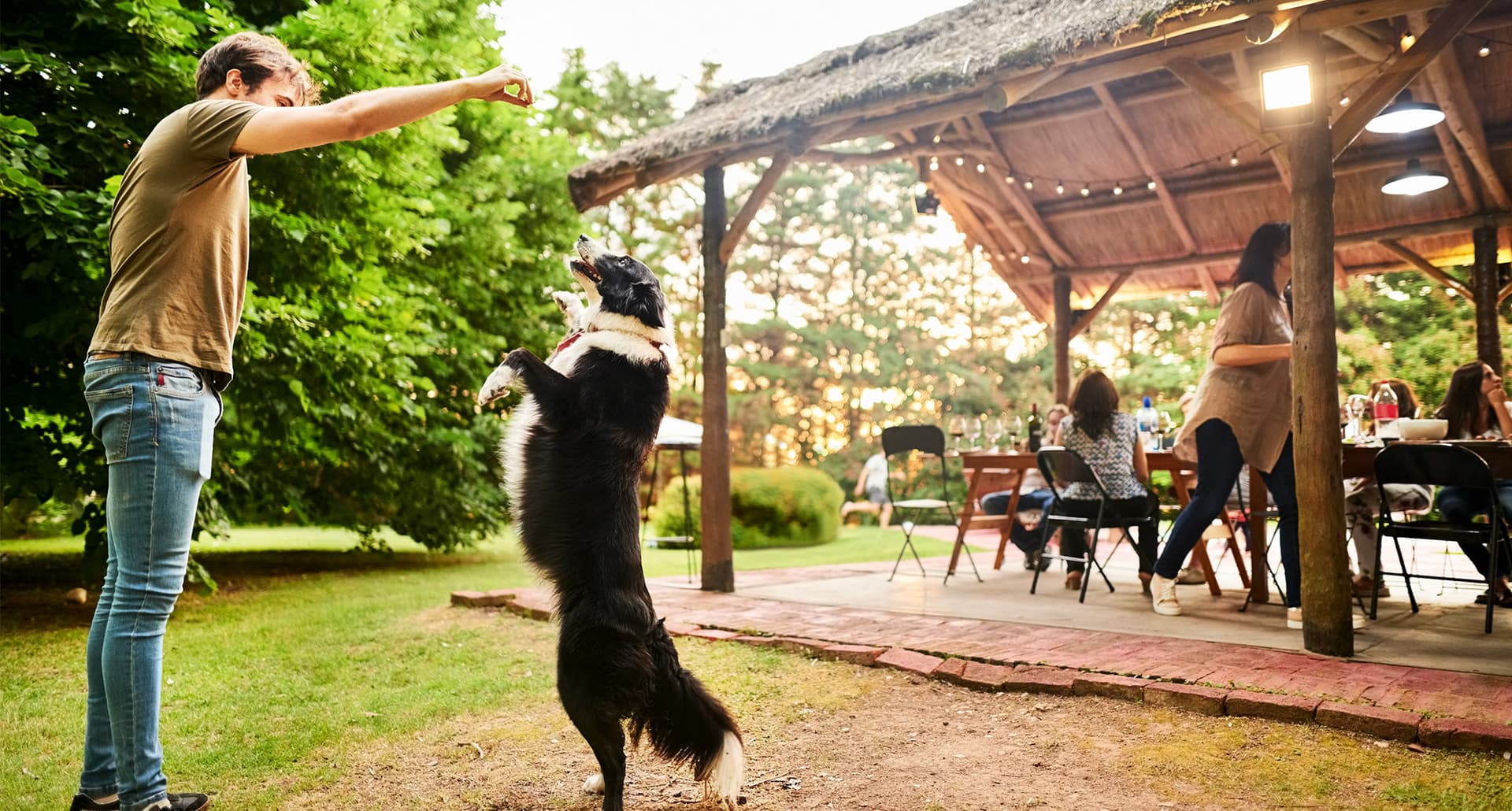 A man playing with his dog outside at pet friendly Airbnb near NYC