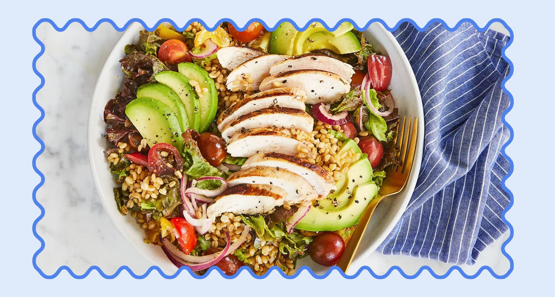 mediterranean diet lunch ideas: chicken avocado grain bowl