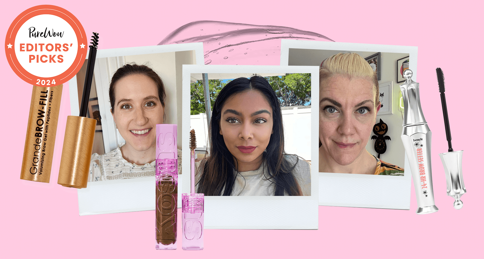 best eyebrow gels a collage of purewow editors and eyebrow gels on a pink background