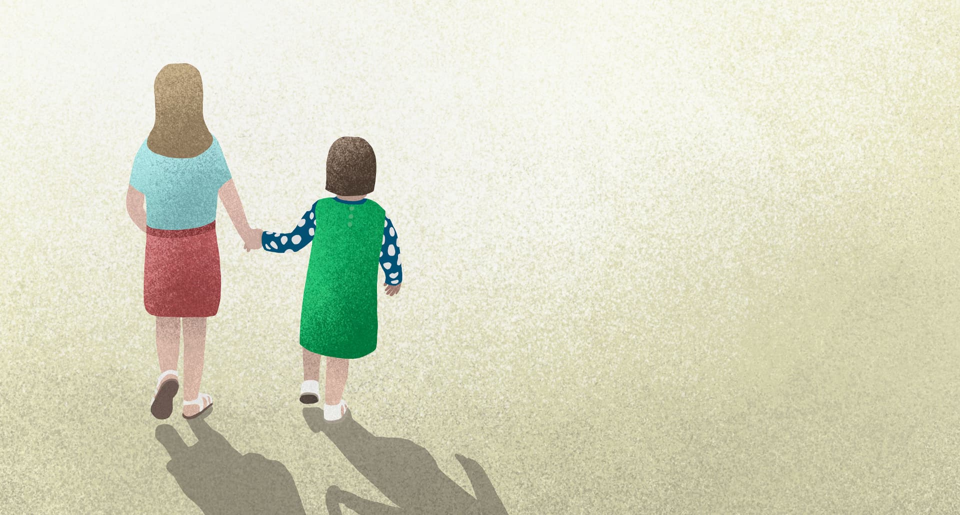 things-i-wish-i-knew-before-my-daughters-autism-diagnosis: An illustration of a mother and daughter holding hands on yellow background. The mother has blond hair and wears a blue top and pink skirt. The daughter has brown hair and wears a blue and white polka dot shirt with a green pinafore over top of it. They walk away from the viewer and their shadows linger behind them.