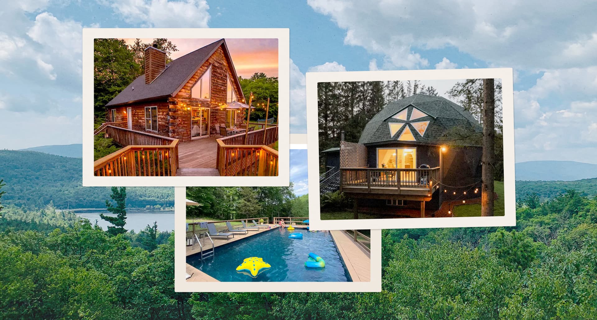 A collage of Upstate New York Airbnbs for Large Groups.