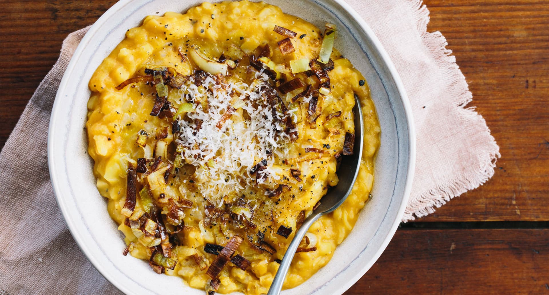 october dinner recipe ideas: butternut squash risotto with crispy leeks