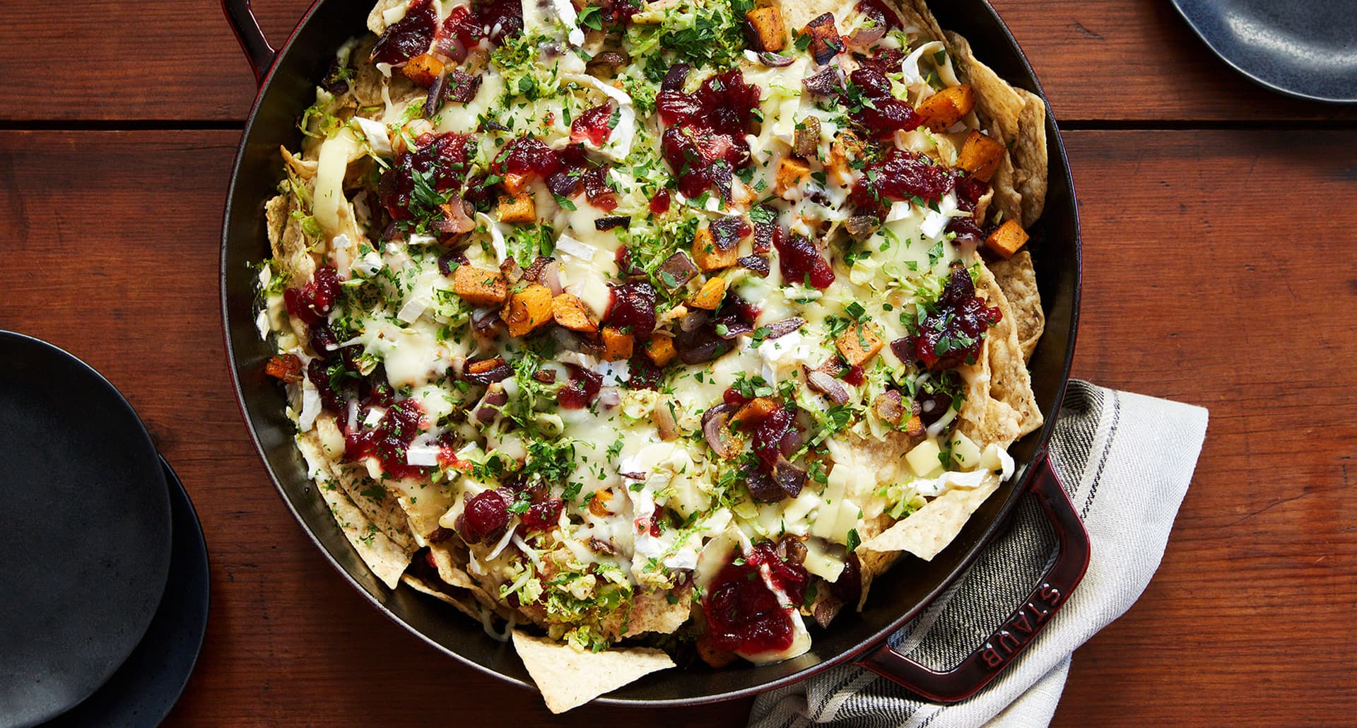 non-traditional thanksgiving recipes: cranberry, brie and brussels sprouts nachos