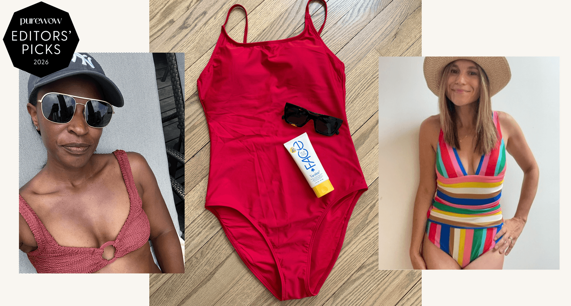 Most Comfortable Swimsuits of 2026: Original photos of PureWow editors Deena Campbell, Jillian Quint and red swimsuit