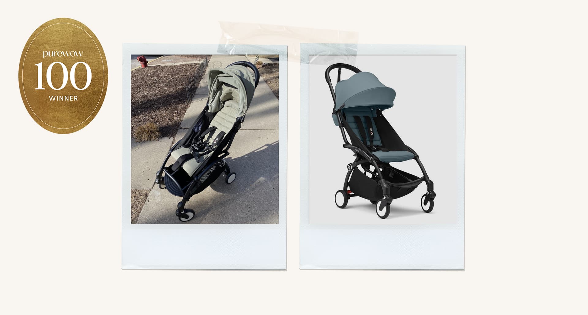 A collage of the Stokke YOYO3 travel stroller, reviewed by new mom