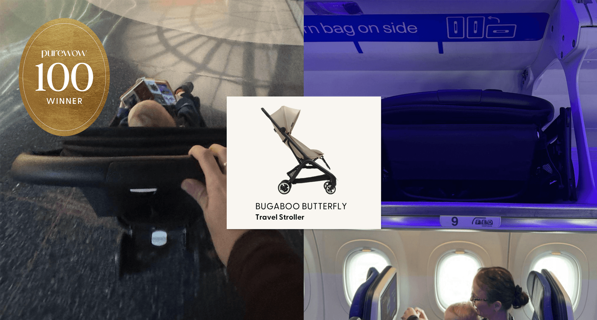 A collage with original photos of Bugaboo Butterfly travel stroller