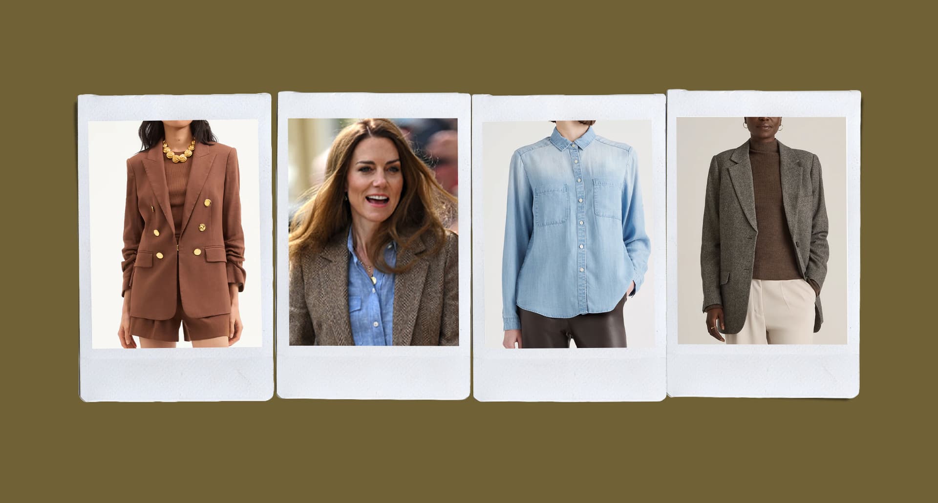 kate-middleton-chambray-shirt-and-blazer: A collage of photos with Polaroid borders. One features Kate Middleton and the rest are models in blazers and chambray shirts.