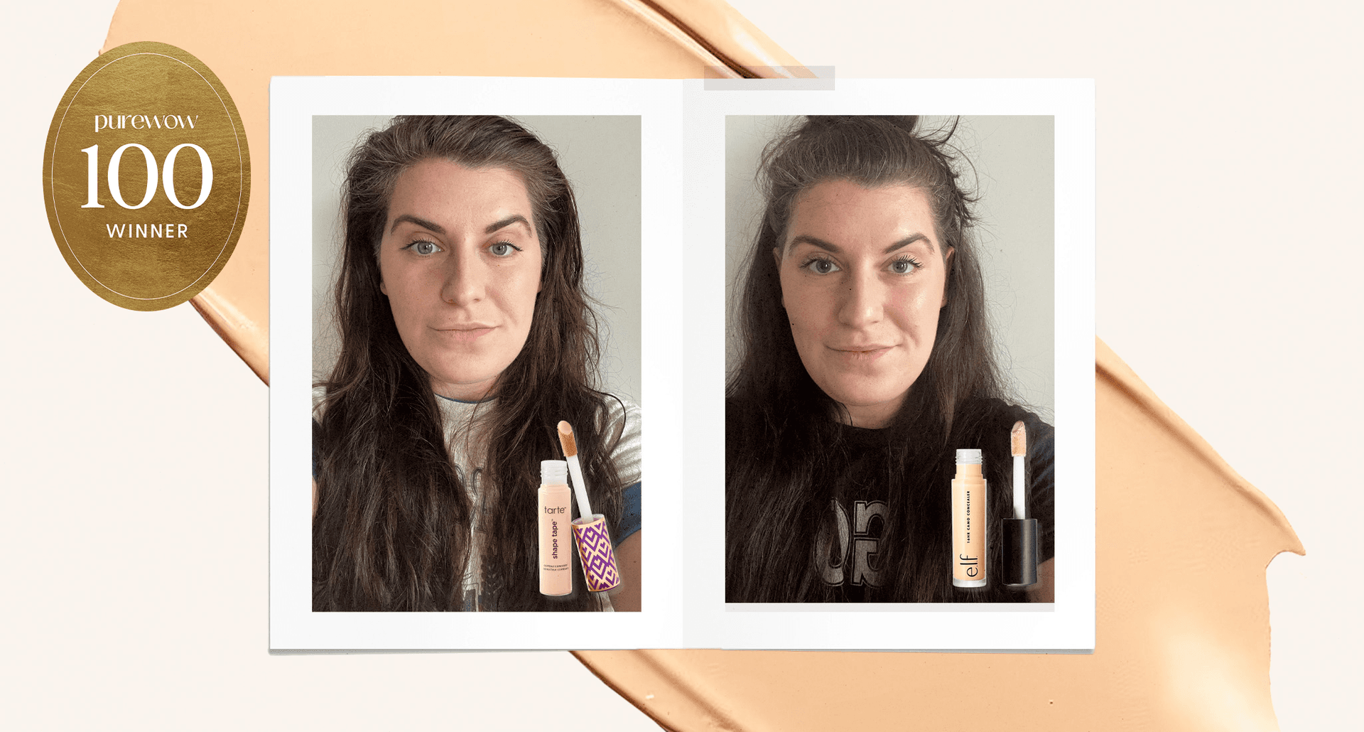what-the-dupe-tarte-shape-tape-elf-concealer: A photo collage featuring two pictures of the author Delia wearing two different kinds of concealer. They are white with long brown hair. There is a concealer swatch behind the photos and a pale nude background. There is a gold PW award badge in the top left corner.