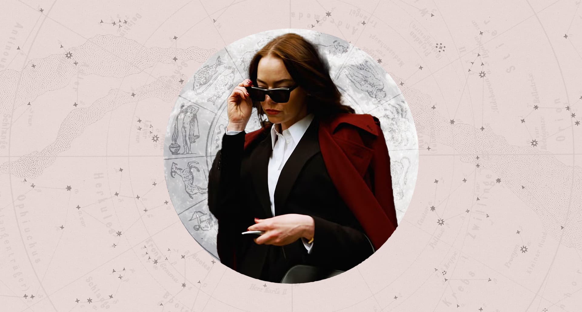 Emma Stone in Bugonia framed by astrology design for November monthly horoscopes 2025.