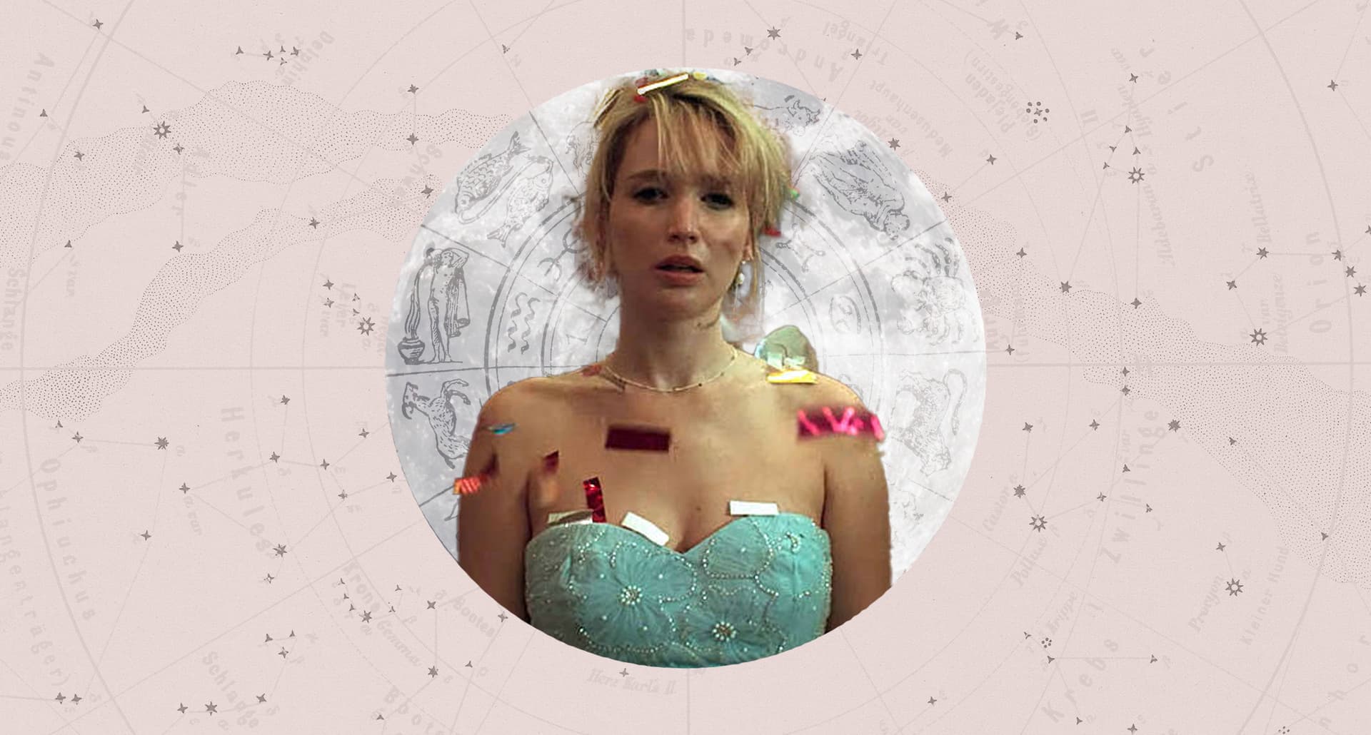 Jennifer Lawrence in Die My Love framed by astrology design for weekly horoscopes Nov 2-8, 2025