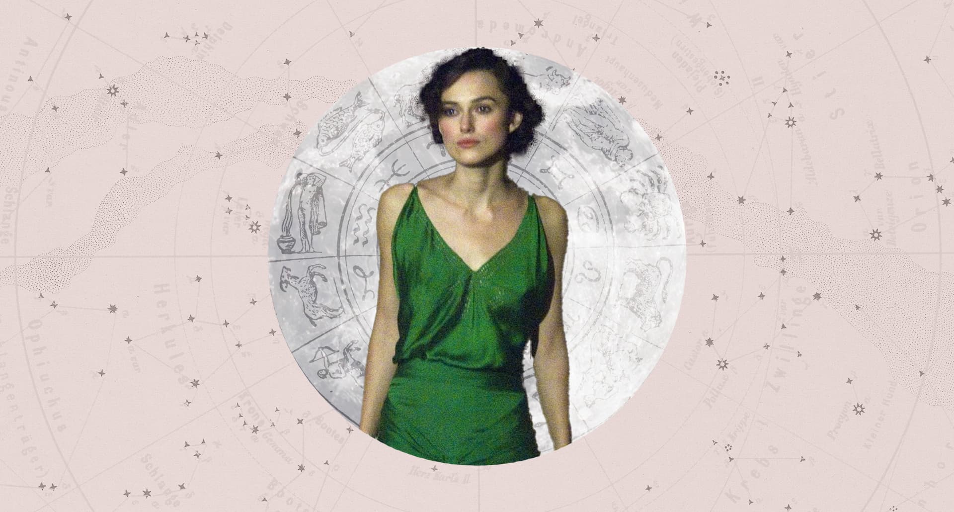 Keira Knightley in the green dress from Atonement framed by astrology design for weekly horoscopes Nov 9-15-2025.
