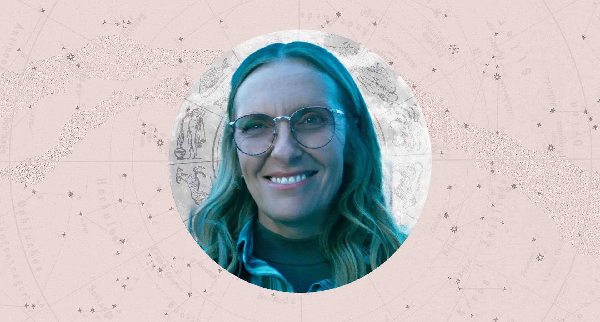 Toni Colette from Wayward framed by astrology atmosphere for weekly horoscopes.