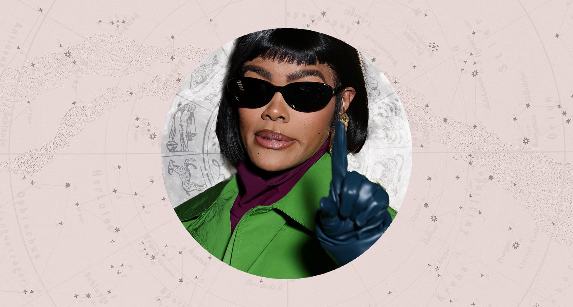 Teyana Taylor in sunglasses holding her finger up like "one minute". Image is framed by astrology design for weekly horoscopes october 19, 2025