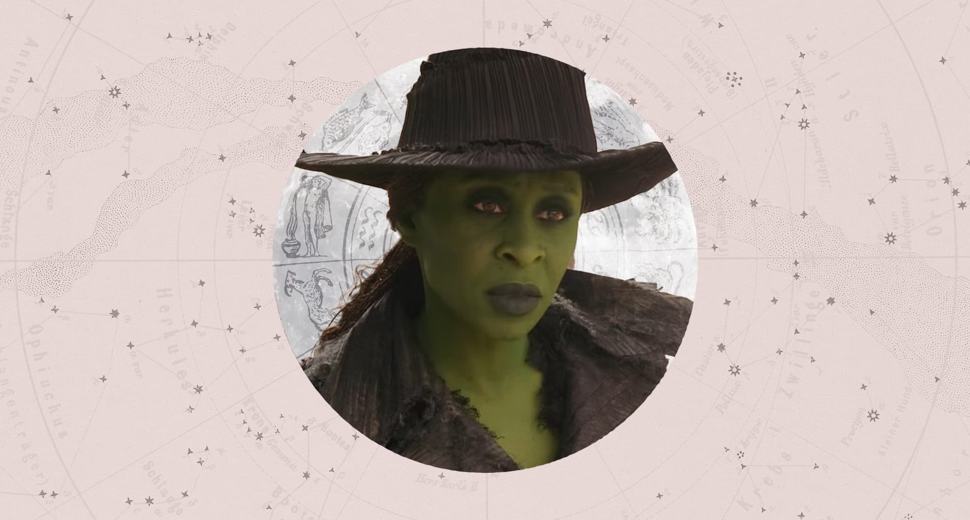 Cynthia Erivo from Wicked framed by astrology art for weekly horoscopes oct 26
