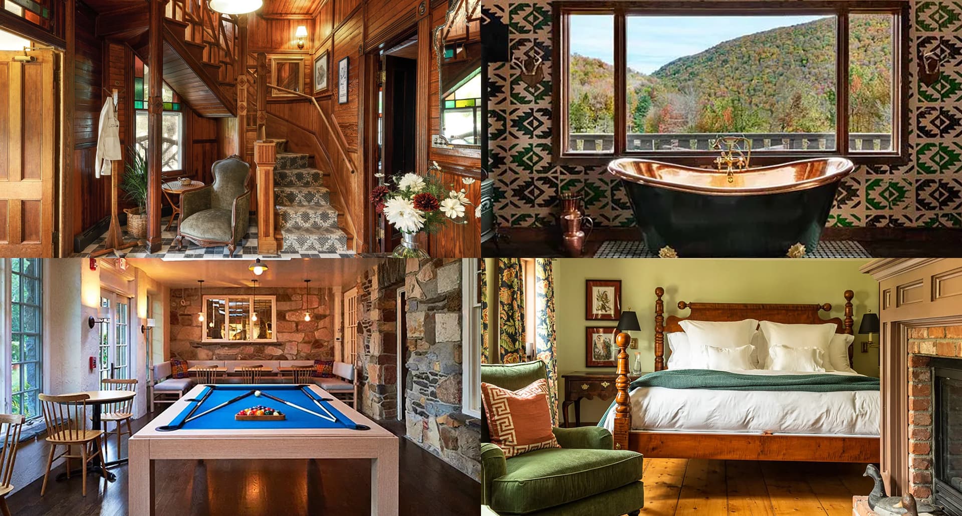 Collage of four properties to visit as winter weekend getaways near nyc