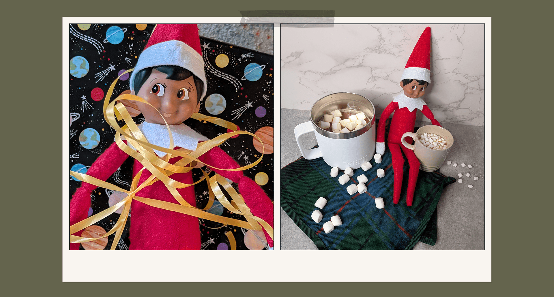 elf on the shelf wrapped up and serving mini hot cocoa