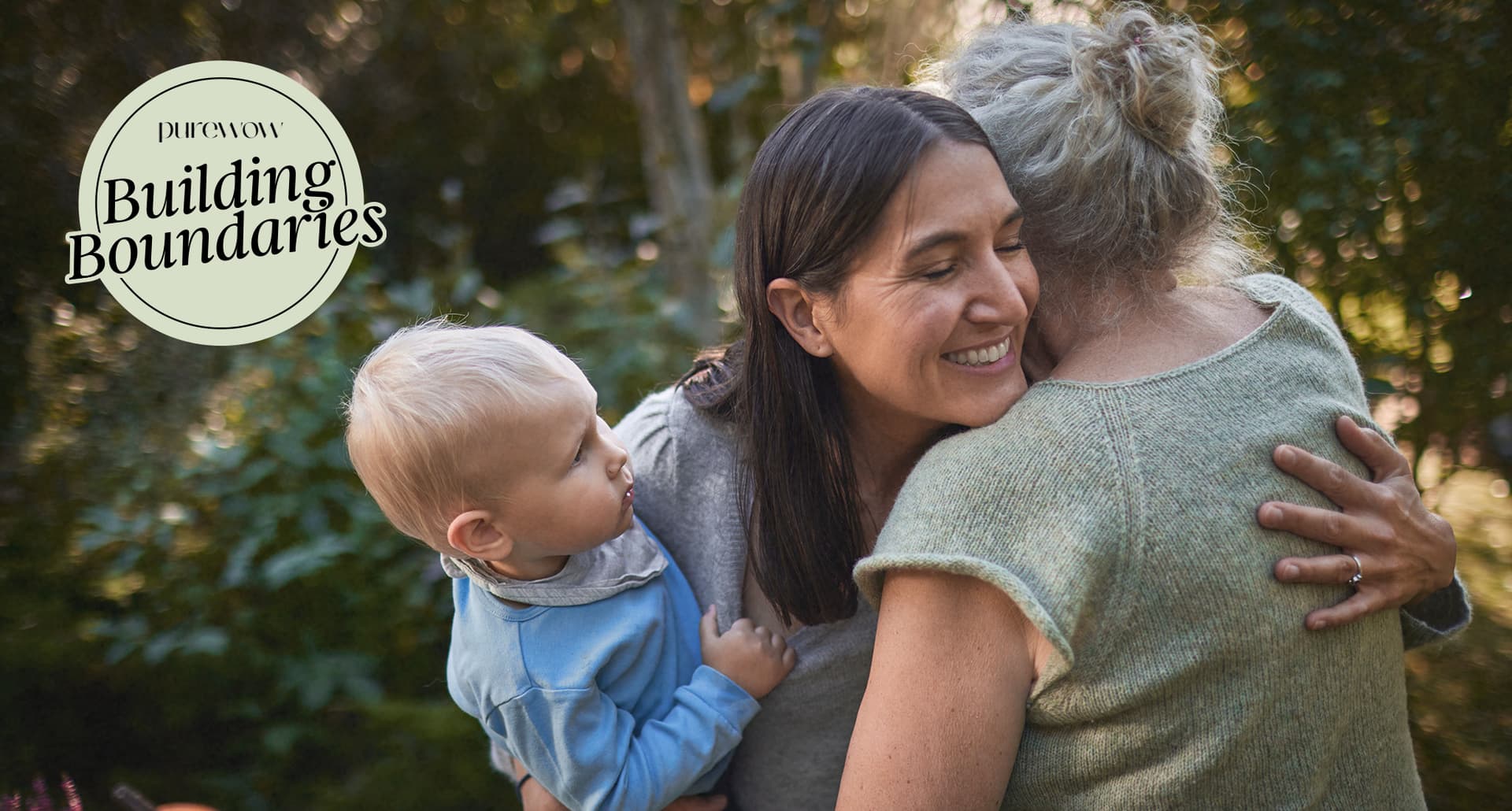 Overwhelmed woman holding a baby hugs her demanding mother-in-law