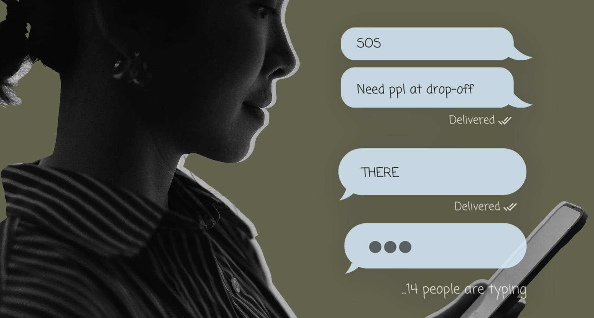 A silhouette of a mother holding a phone with overlay of the mom group chat