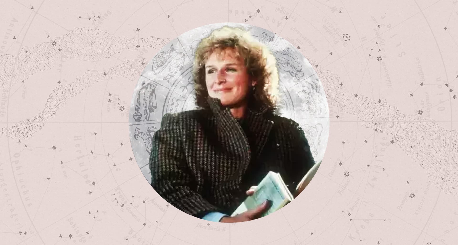 Glenn Close from The Big Chill framed by astrology design for weekly horoscopes Nov 23, 2025
