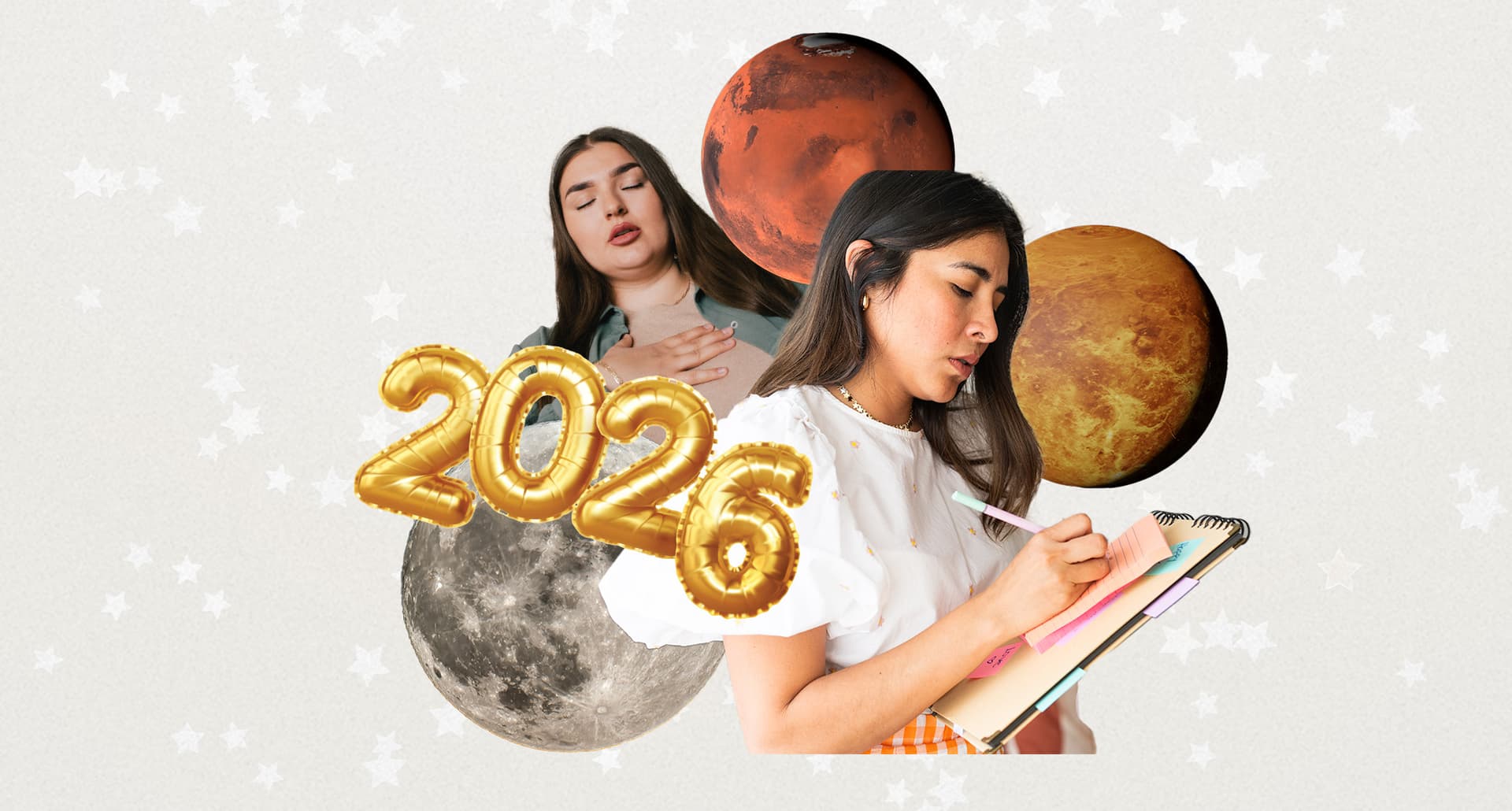 Collage of planets and 2026 balloons for things zodiac signs should do before new year
