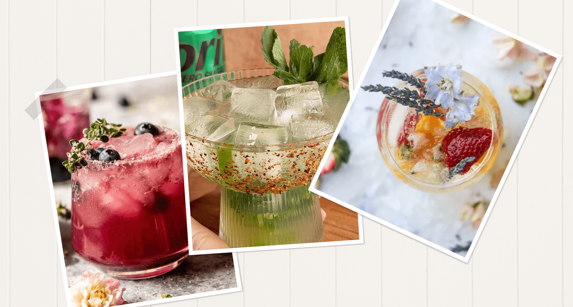 spring cocktails featuring blueberries, spicy zerojitos and edible flowers